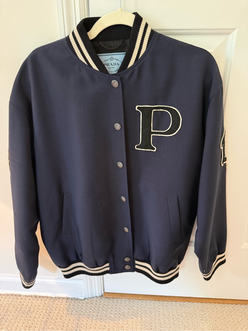 Prada Navy and Cream Letterman Varsity Jacket